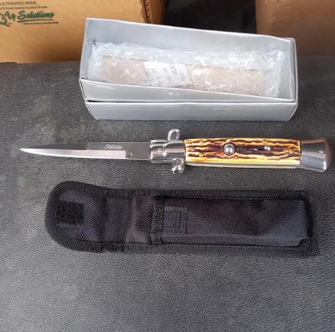 9.75" Italian Milano Stiletto Stag Handle Automatic Knife
