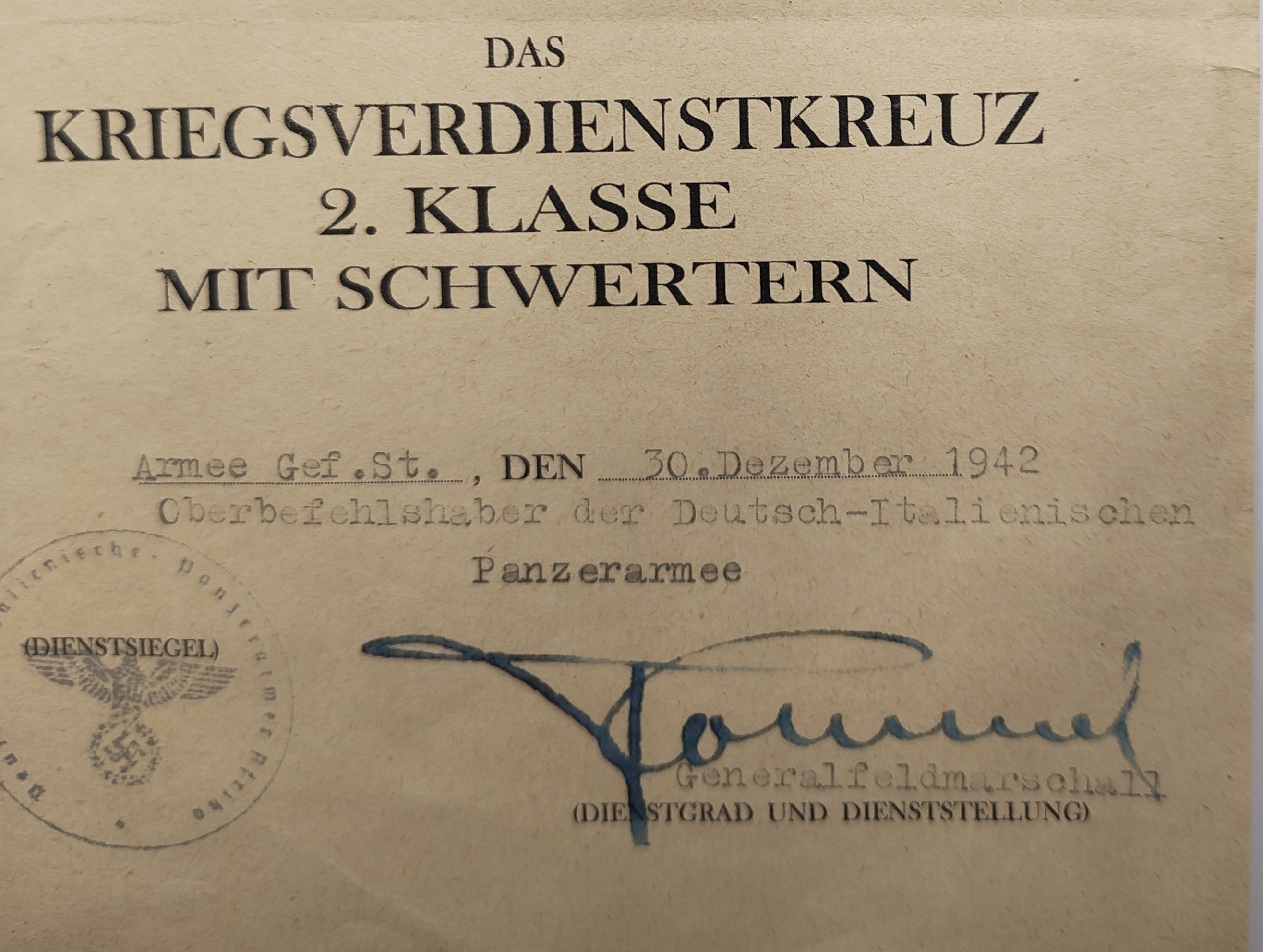 Signature Rommel Original WW2 german award document General Erwin Rommel hand signature