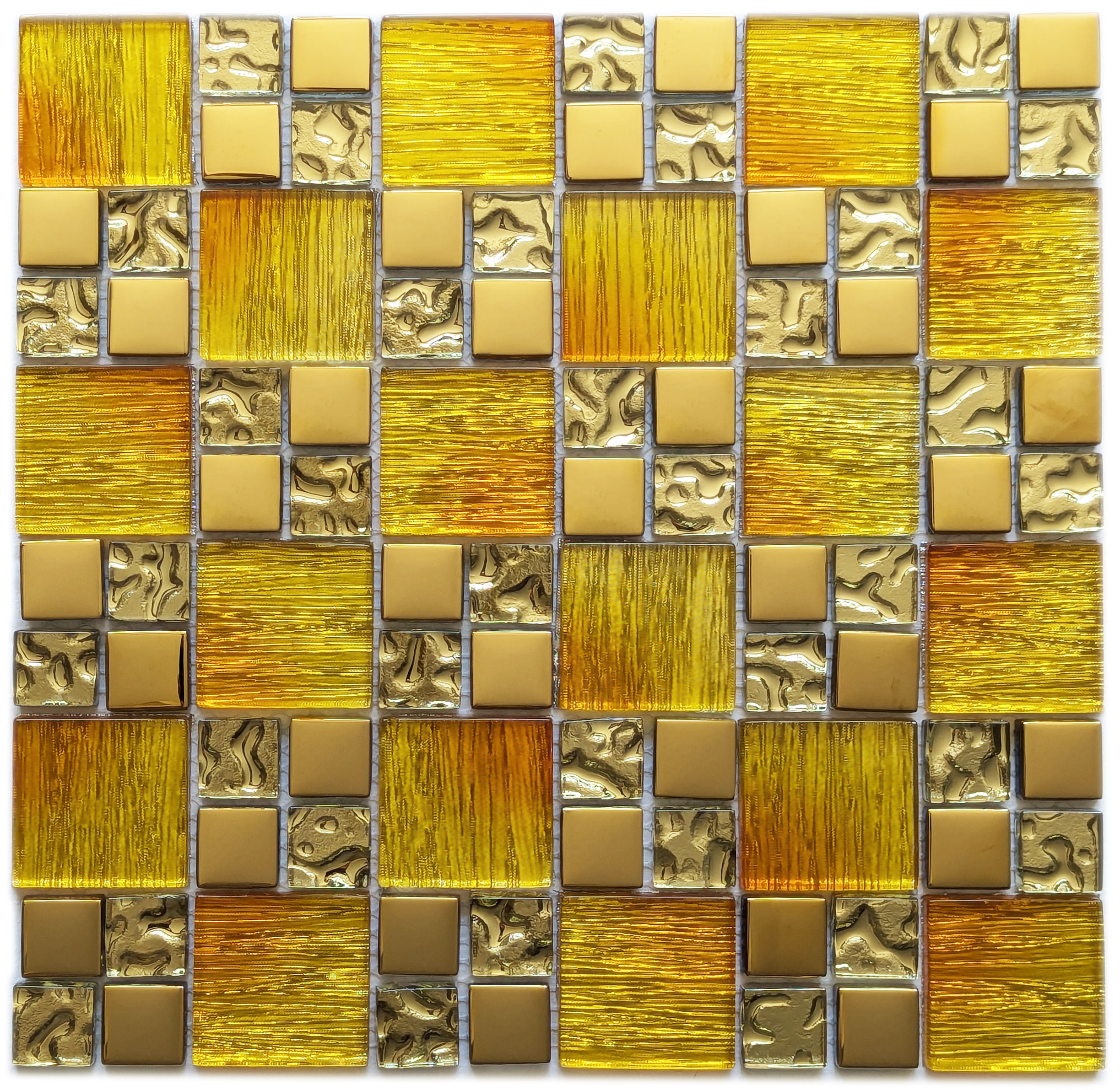 thumbnail image 2 of Iridescent Yellow Glass Mosaic Wall Tile - 3/4" Squares, 12"x12" Sheet, Gloss Finish 2 of 13