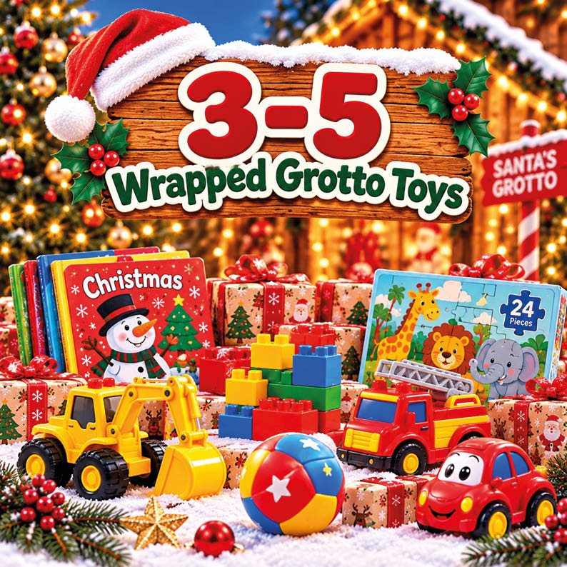 Wrapped Santa's Grotto toys for ages 3 to 5, including puzzles, books and colourful children's toys