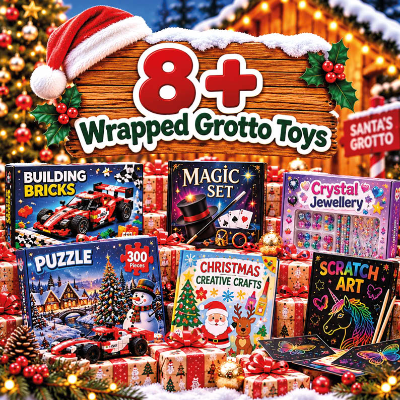 Wrapped Santa's Grotto toys for ages 8 plus, including building bricks, magic sets, puzzles and creative craft kits