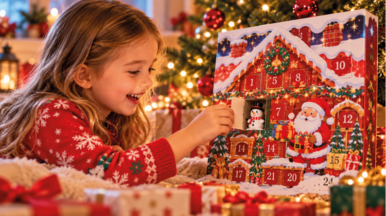 Child enjoying a Christmas advent calendar