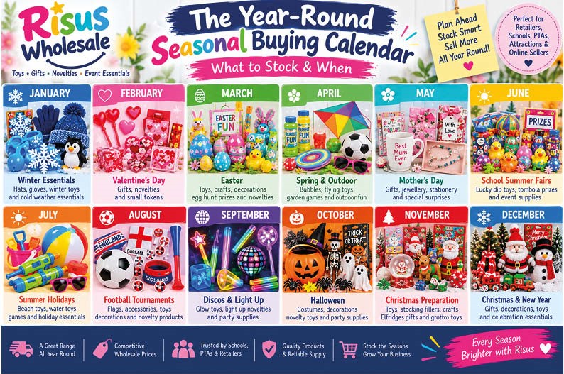 Year-round seasonal buying calendar from Risus Wholesale showing what retailers, schools and PTAs can stock from January to December, including Easter, summer fairs, Halloween and Christmas.