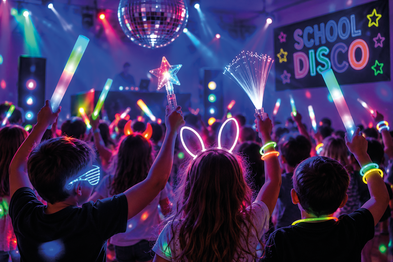 Children at a school disco holding colourful glow sticks, flashing LED wands, fibre optic toys and light up accessories