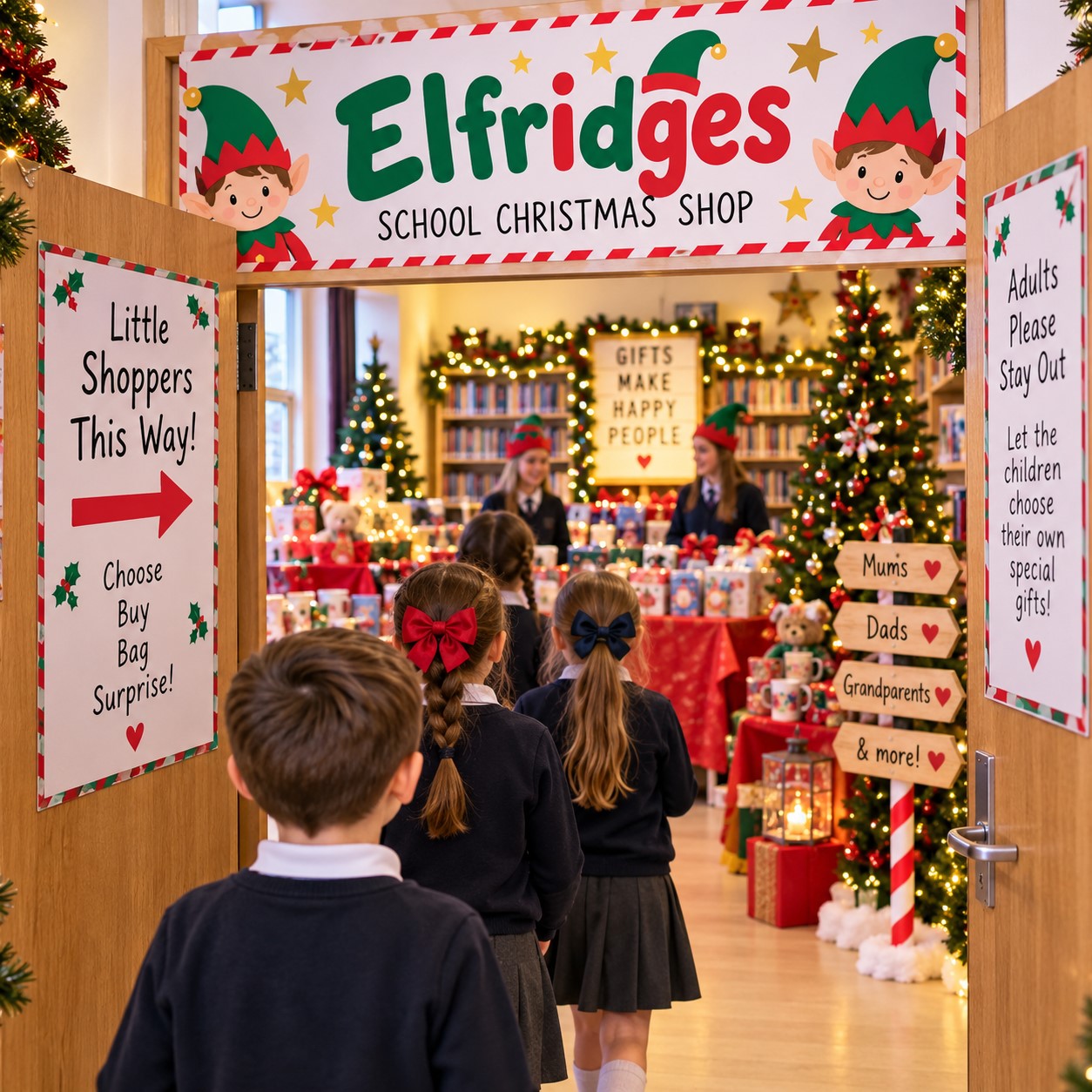 Children entering an Elfridges school Christmas shop at a festive school event