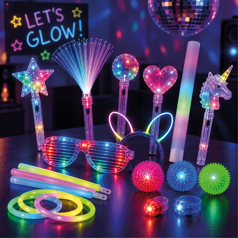 Selection of glow and light up toys including LED wands, fibre optic wand, flashing glasses, glow sticks, bracelets, headband and sensory balls