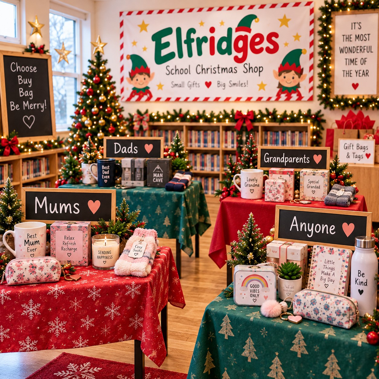 Elfridges school Christmas shop set up inside a decorated school library