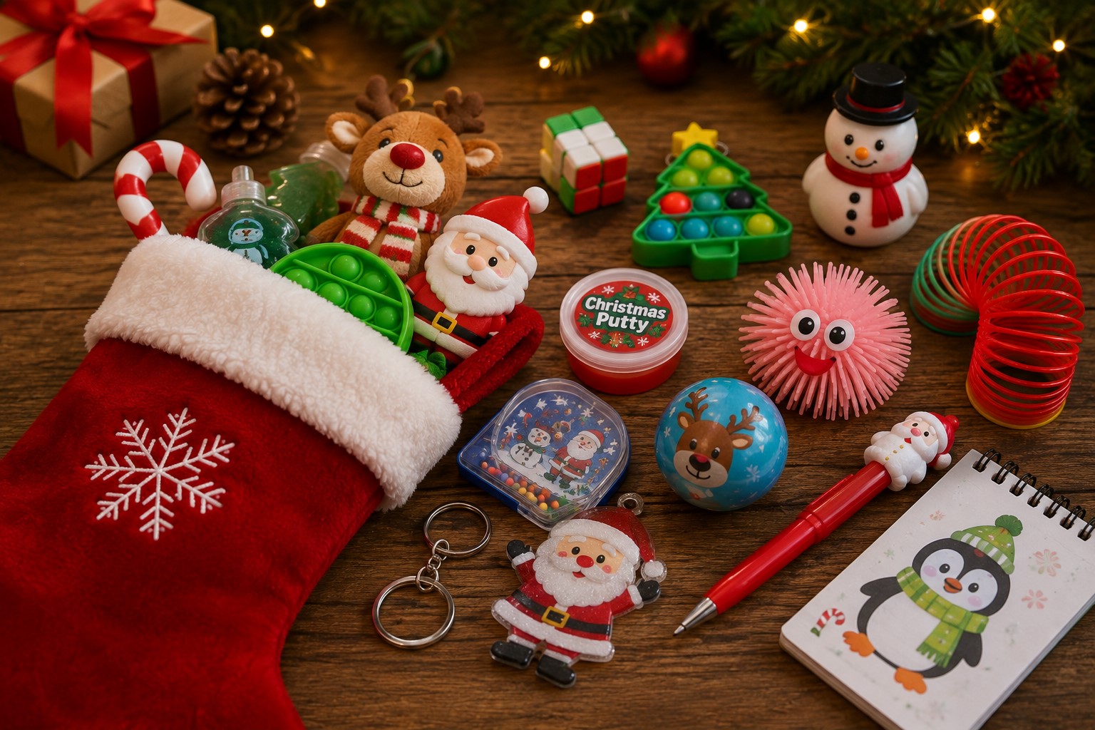 Christmas stocking filler ideas including fidget toys, putty, keyrings, novelty stationery, sensory toys and festive mini toys