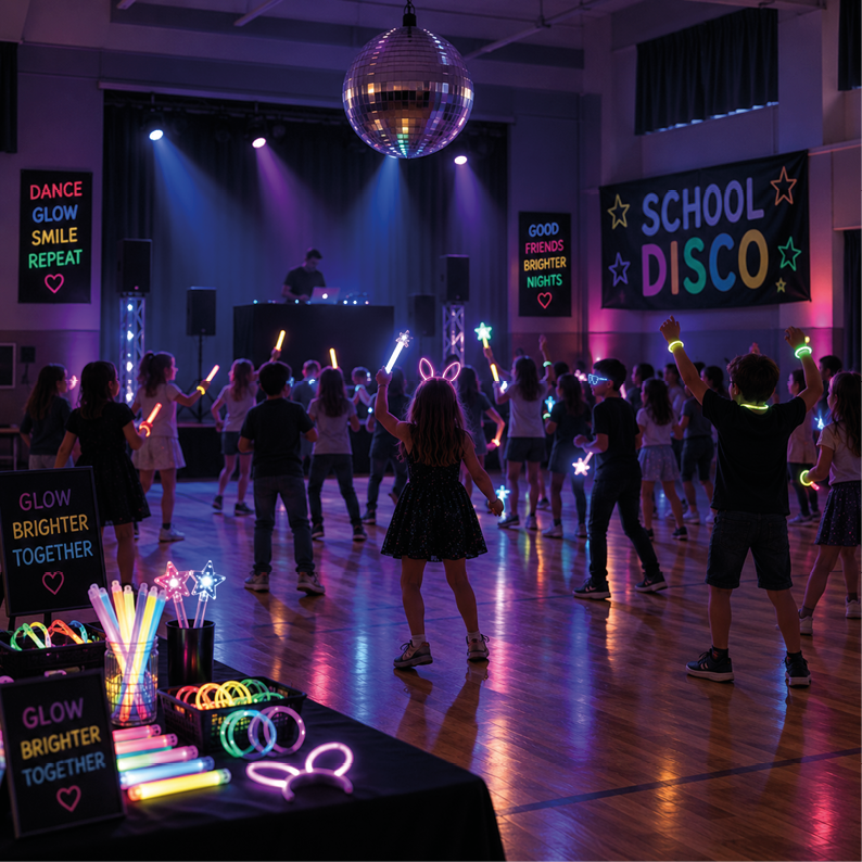 School disco in a hall with children dancing and wearing or holding colourful light up toys, glow sticks and flashing accessories