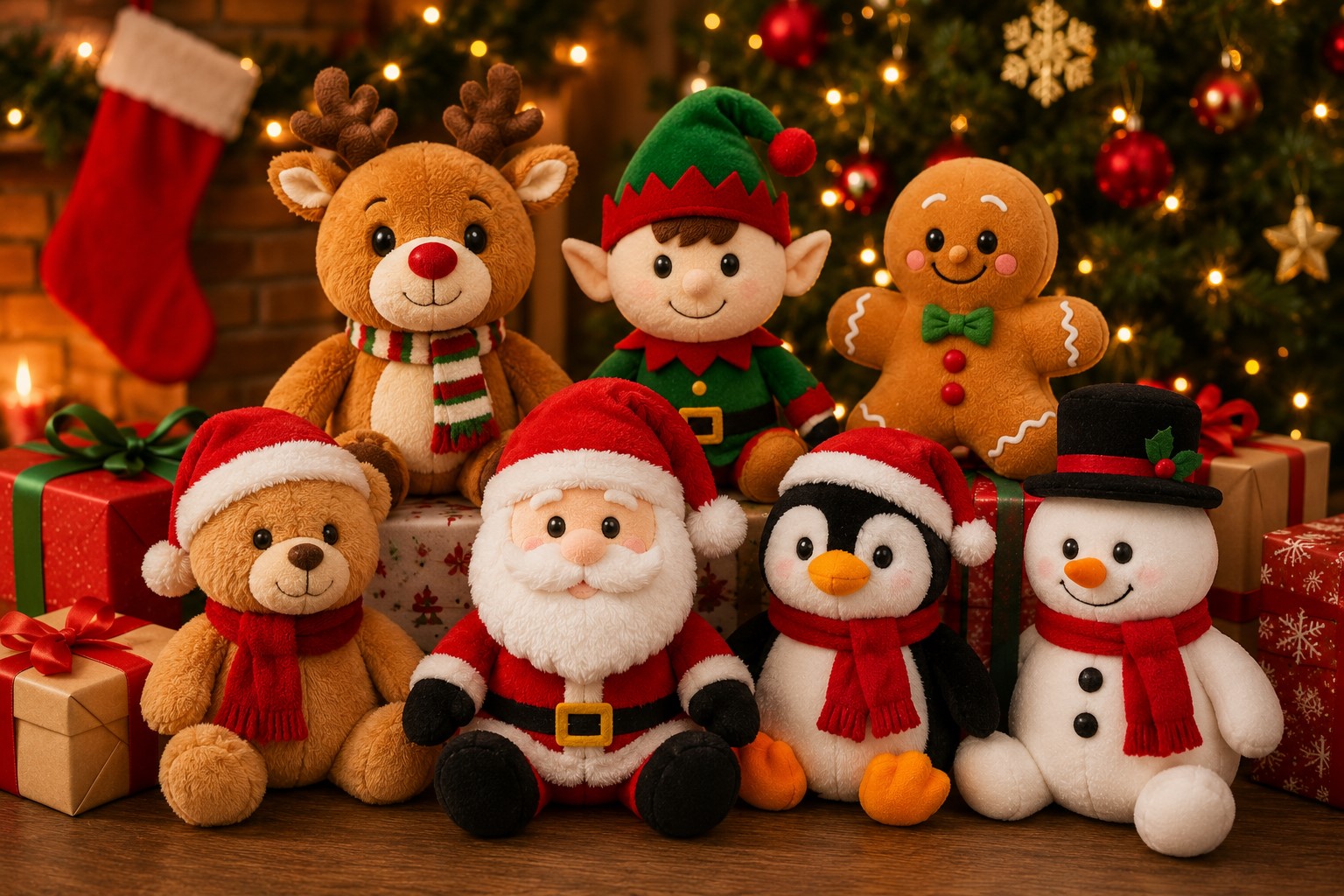 Christmas plush toys including Santa, reindeer, elf, penguin, snowman, gingerbread character and festive teddy bears