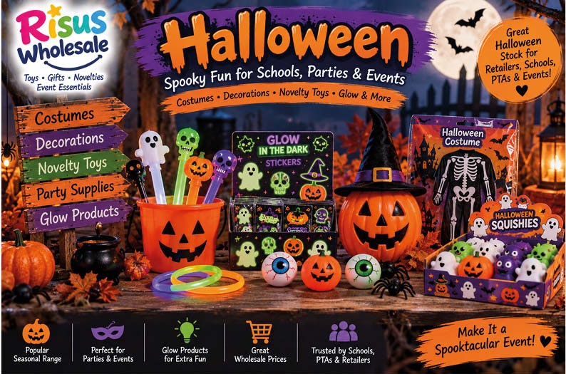Halloween wholesale display with costumes, decorations, glow products, novelty toys and party supplies for retailers, schools, PTAs and events.