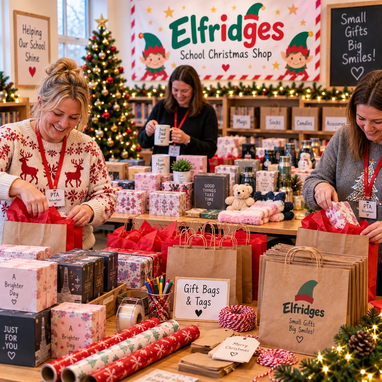 PTA volunteers preparing gift bags and presents for an Elfridges school Christmas shop