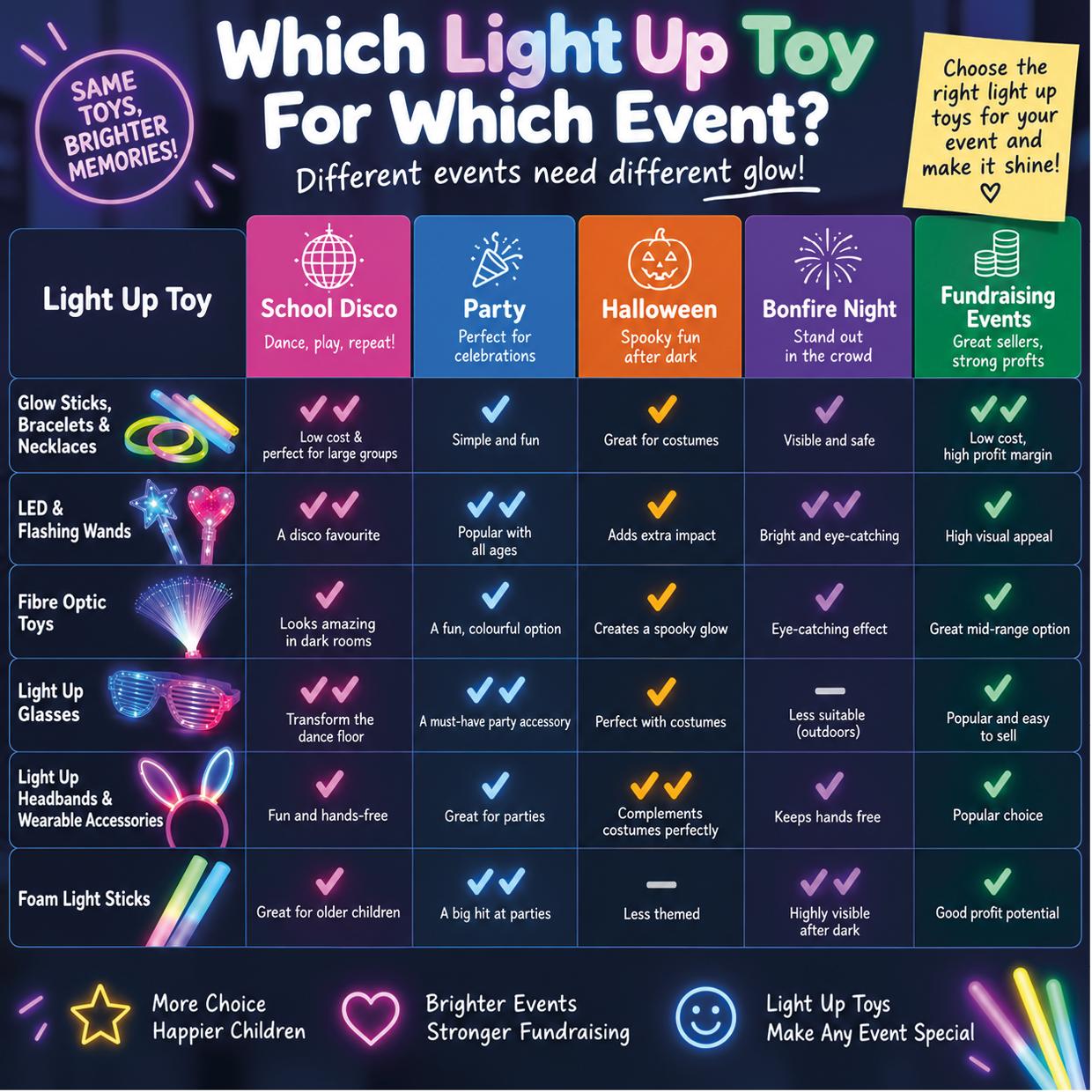 Comparison chart showing which glow and light up toys suit school discos, parties, Halloween, Bonfire Night and fundraising events