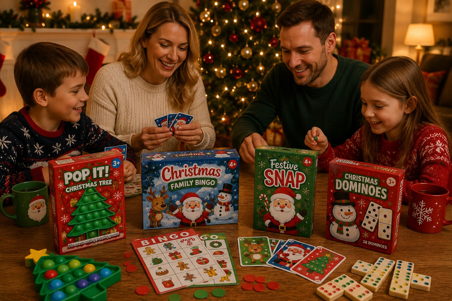 Family playing Christmas games including festive bingo, snap, dominoes and a Christmas tree pop-it game