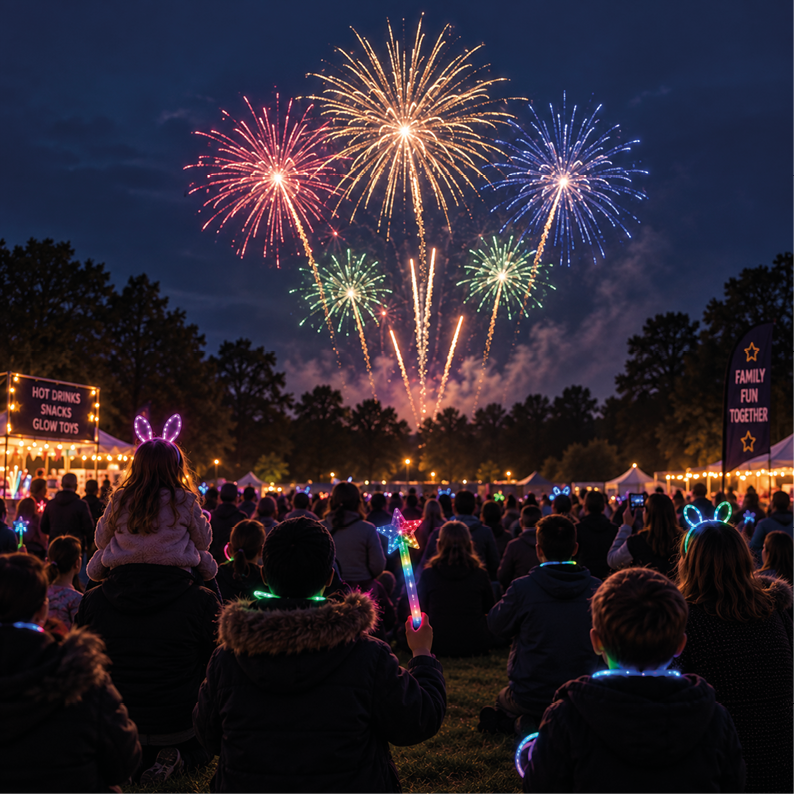 Families watching a fireworks display at night while children hold glow sticks, light up wands and wear illuminated accessories