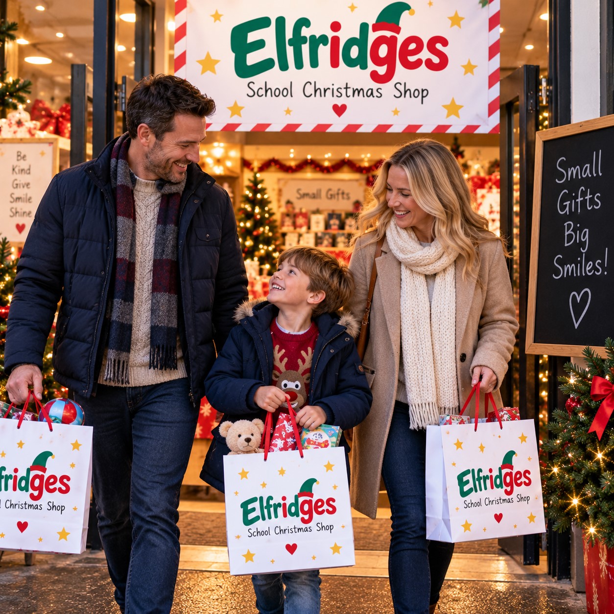 Family leaving an Elfridges school Christmas shop with festive gift bags