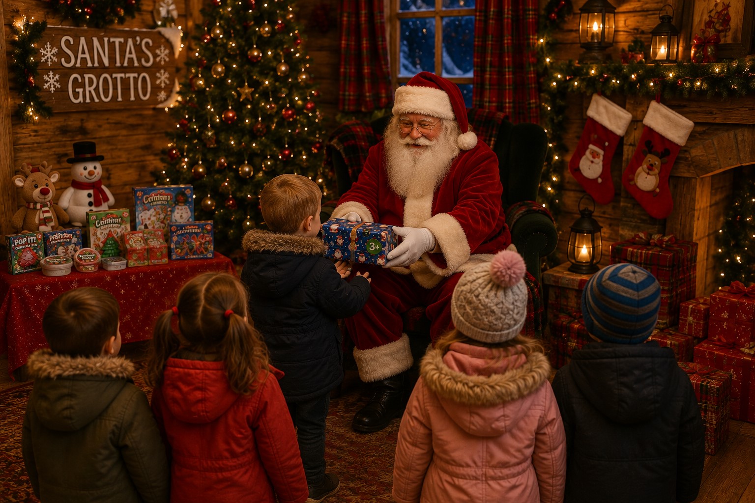 Santa handing a wrapped Christmas grotto gift to a child while other children wait in a festive Santa's grotto