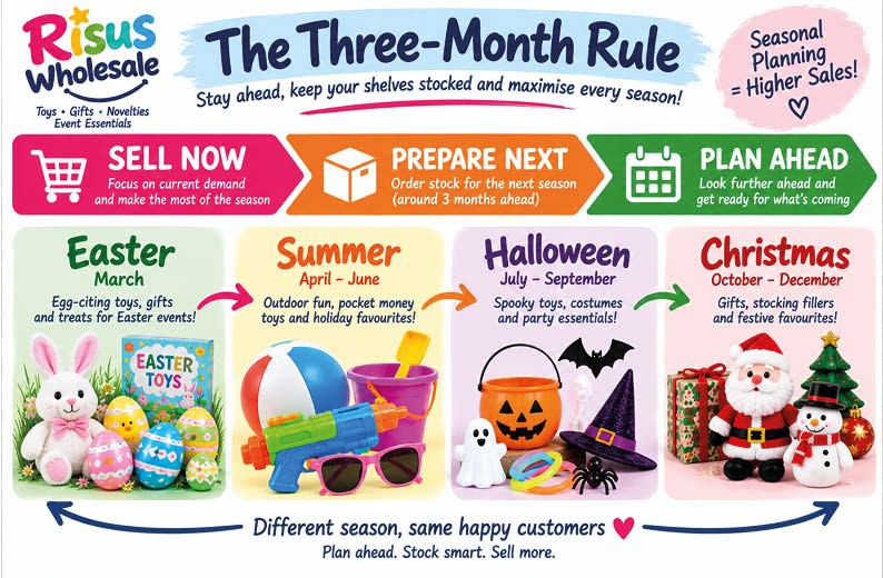 Three-month seasonal buying rule infographic showing businesses when to sell current stock, prepare for the next season and plan ahead for Easter, summer, Halloween and Christmas.