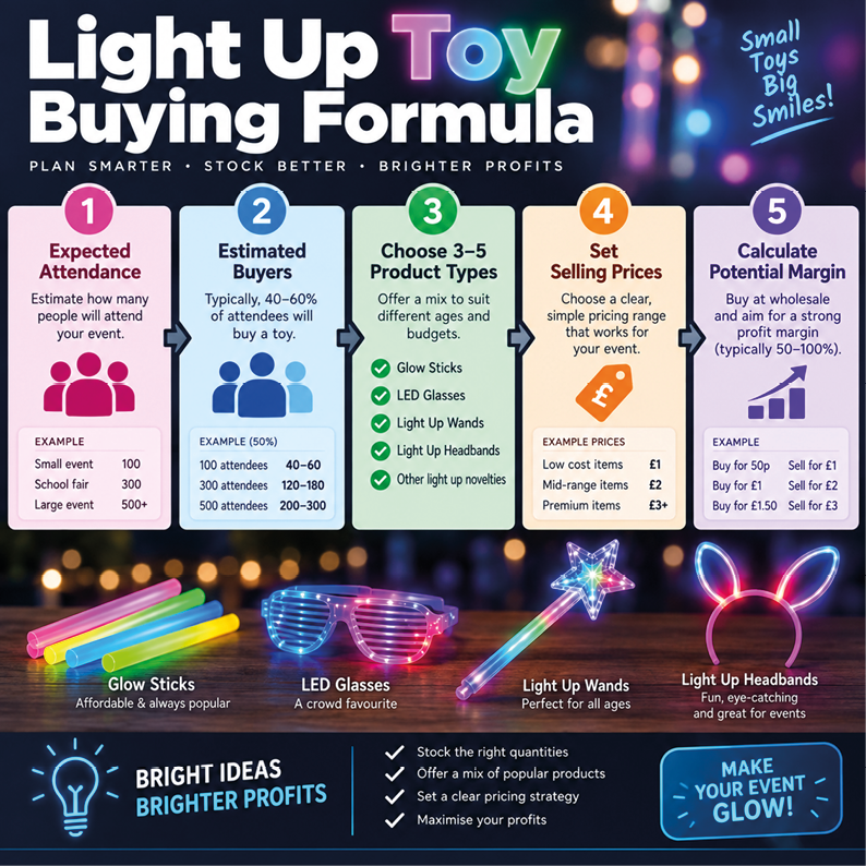 Light Up Toy Buying Formula showing how to estimate attendance, buyers, product mix, selling prices and potential fundraising margin