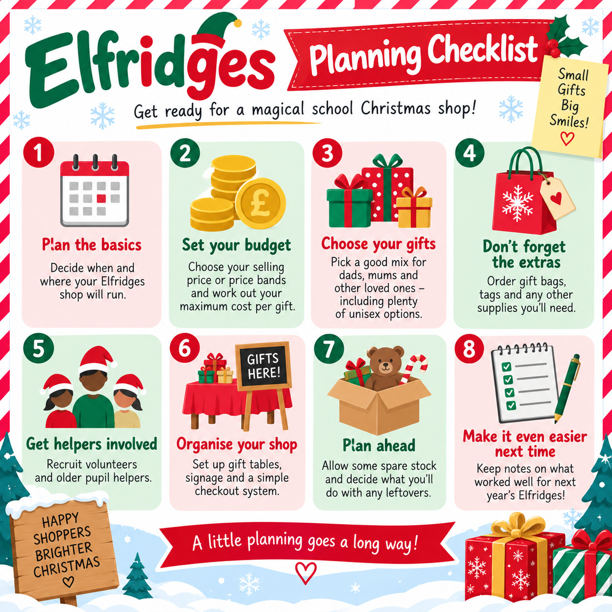 Elfridges planning checklist for organising a school Christmas shop