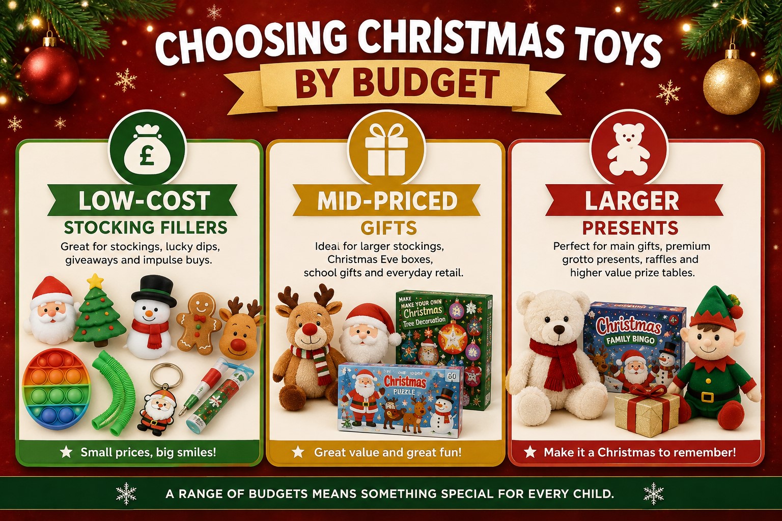 Christmas toy budget guide comparing low-cost stocking fillers, mid-priced gifts and larger Christmas presents