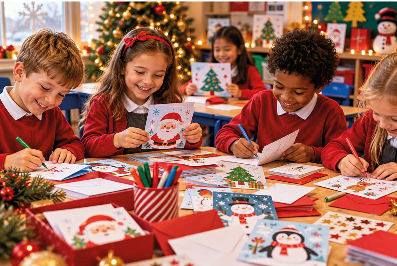 Children exchanging Christmas cards at school