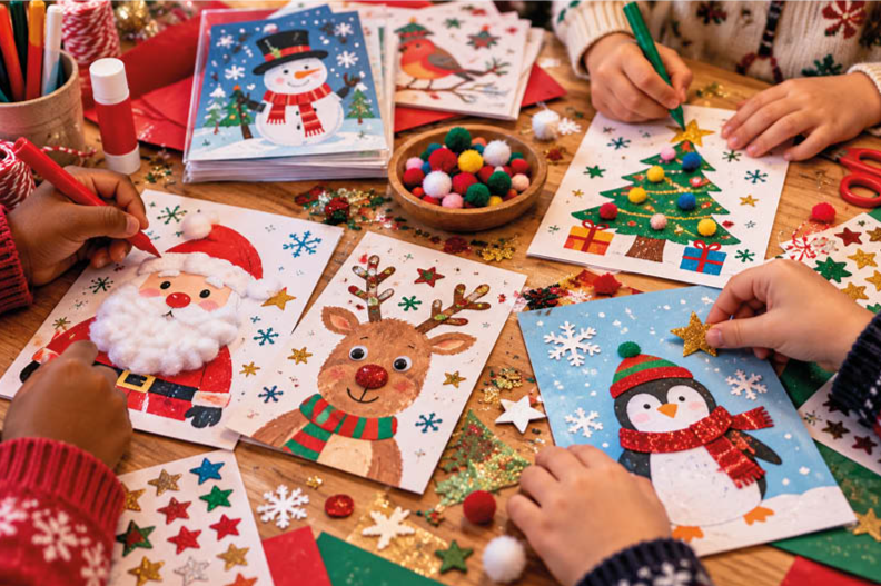 Children making and decorating their own Christmas cards