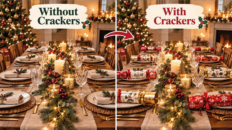 Christmas crackers as part of the traditional Christmas dinner table