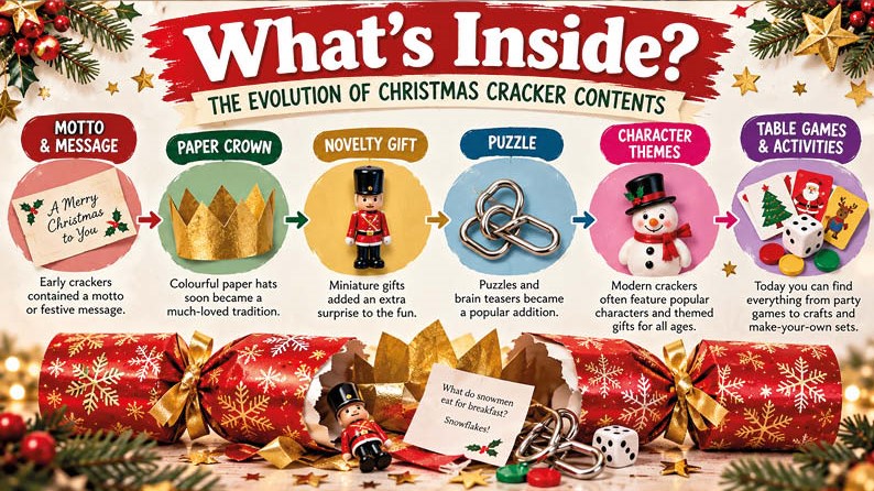 Novelty and game Christmas crackers with festive gifts and activities