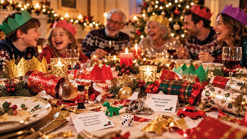 Christmas crackers around the festive dinner table