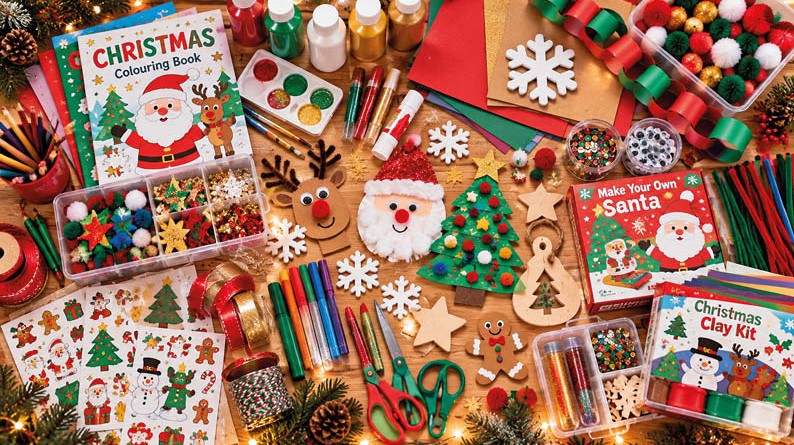 Christmas craft supplies including colouring, painting and creative activity kits
