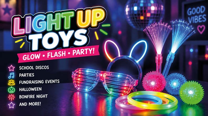 wholesale light up toys, glow sticks and flashing novelties for school discos, parties, Bonfire Night, Halloween and fundraising events