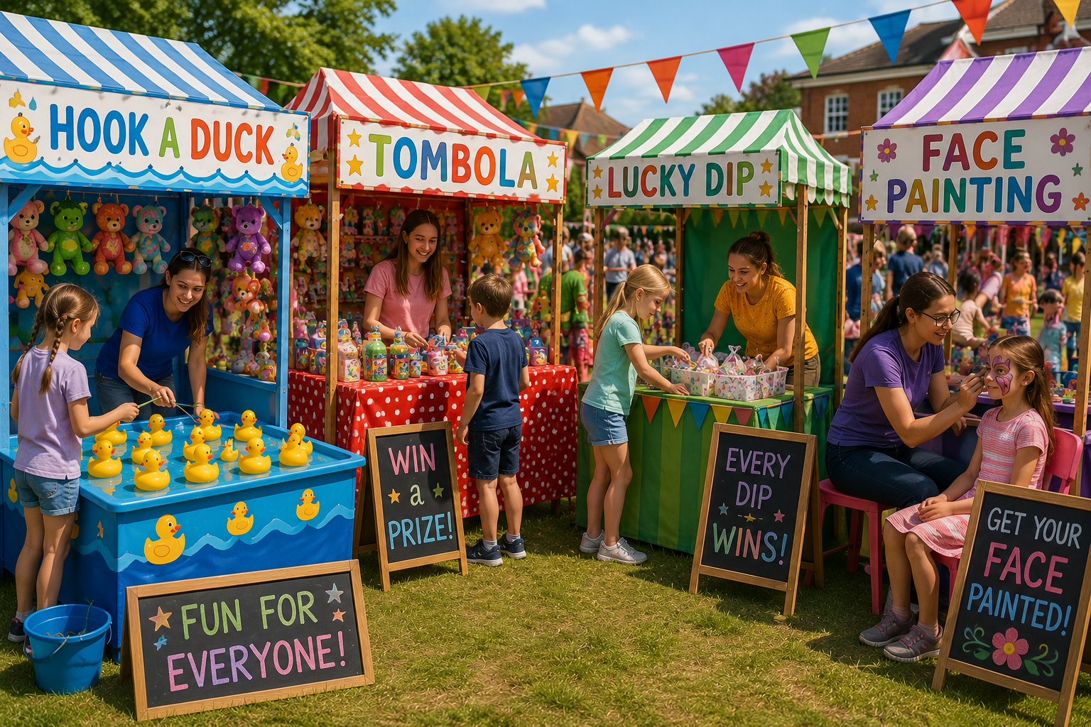 School summer fair stalls including hook-a-duck, tombola, lucky dip and face painting stands with children and families enjoying outdoor activities.