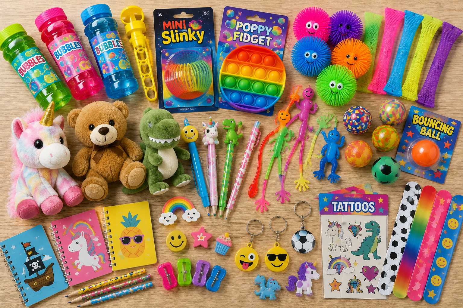 Flat lay of popular school summer fair prizes including bubbles, fidget toys, plush toys, stationery, novelty toys and pocket money items arranged on a wooden background.