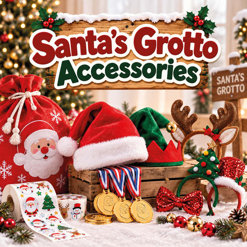 Santa's Grotto Accessories including Santa hats, Christmas sacks, reindeer antlers, festive stickers and medals