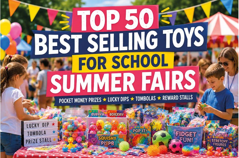 Colourful school summer fair banner showing popular children’s toys including squishies, fidget toys, bouncy balls and novelty prizes on a busy prize stall table, with children and families enjoying a summer fair event.