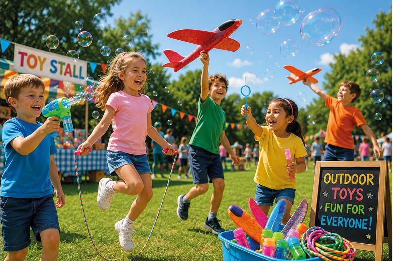 Children playing with outdoor toys at a school summer fair, including bubble toys, foam gliders and skipping ropes, showing popular prize ideas for PTA events and school fundraising stalls.