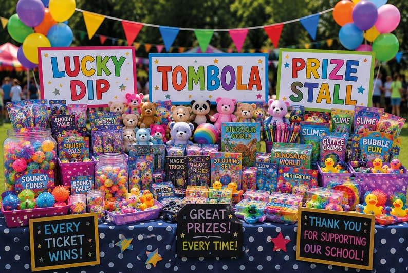 Colourful school summer fair prize table overflowing with toys including squishies, bouncy balls, plush toys, slime, novelty prizes and games, with signs for Lucky Dip, Tombola and Prize Stall.