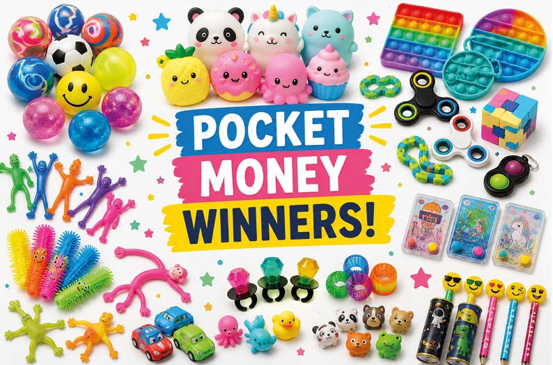 Colourful collage of popular pocket money toys for school summer fairs including bouncy balls, squishy toys, fidget toys, novelty prizes, stretchy figures and sensory toys for PTA events and prize stalls.