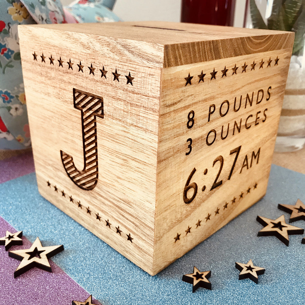 thumbnail image 2 of Paris & Chaya Personalised Wooden Money Box – Custom Engraved Baby Gift For Births, Christenings, Birthdays – UK Made 2 of 6