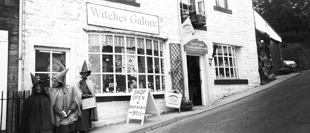 The Witches Galore shopfront with its witch mannequins