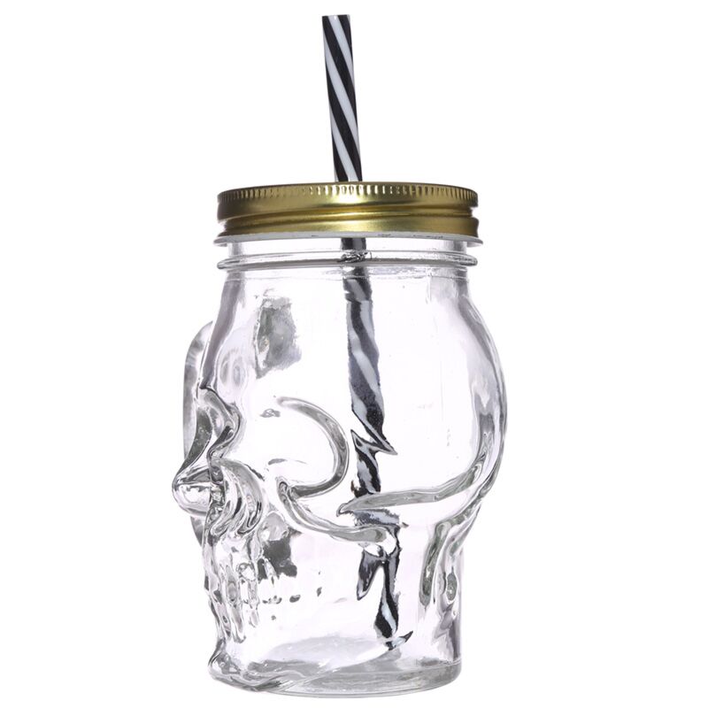 Skull Shaped Jar with Lid & Straw