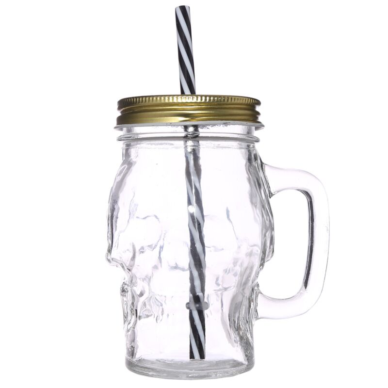 Skull Shaped Jar with Lid & Straw
