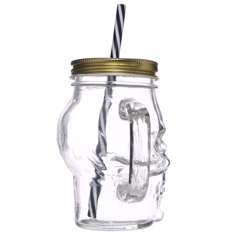 Skull Shaped Jar with Lid & Straw