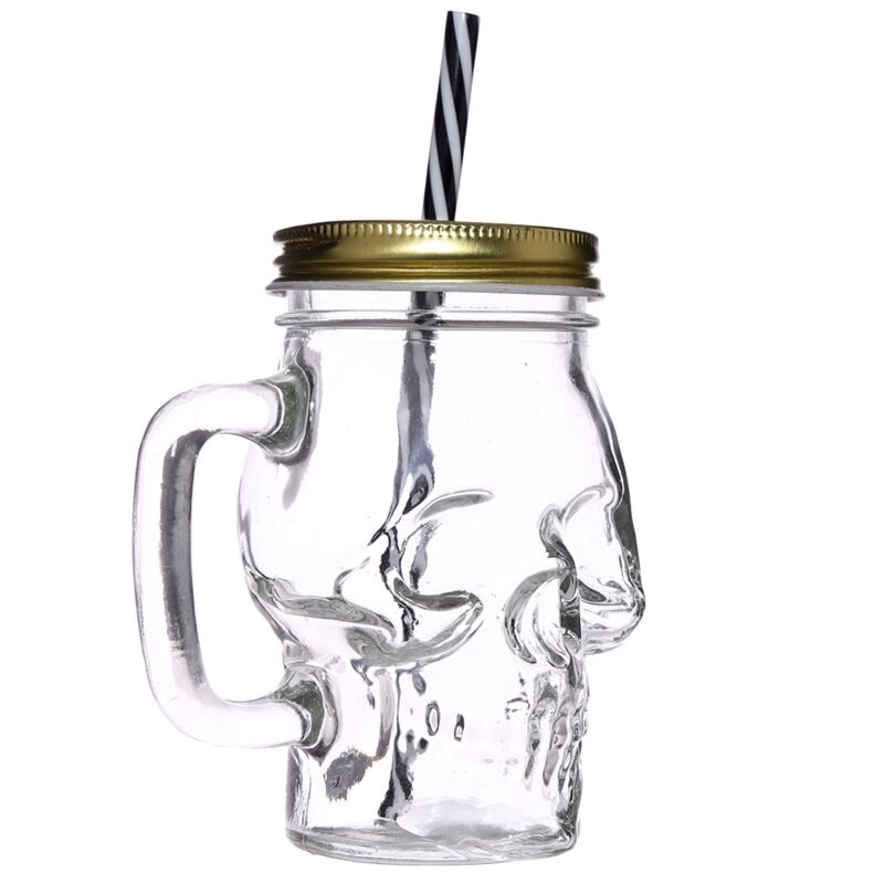 Skull Shaped Jar with Lid & Straw