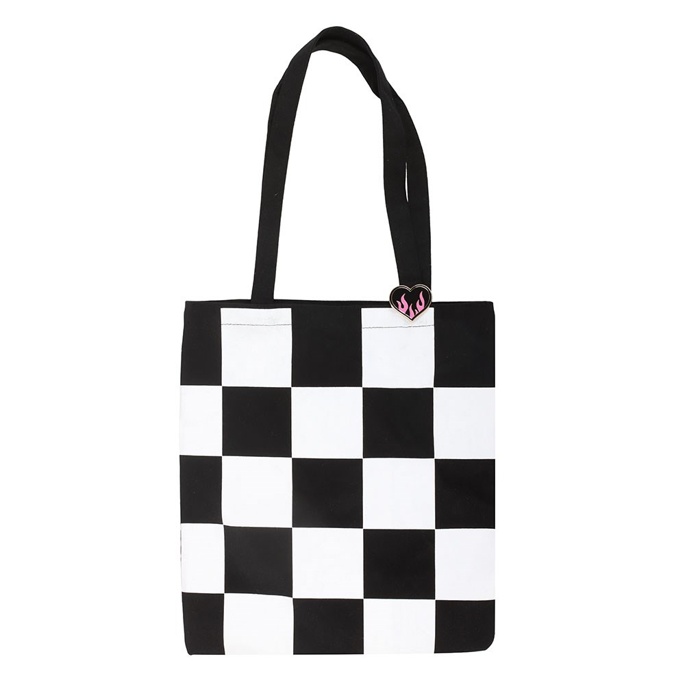 Checkerboard Tote Bag with Heart Pin