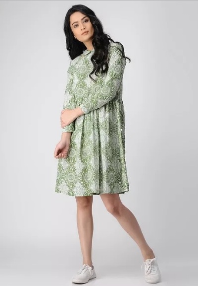 Green-Ivory Printed Cotton Dress L