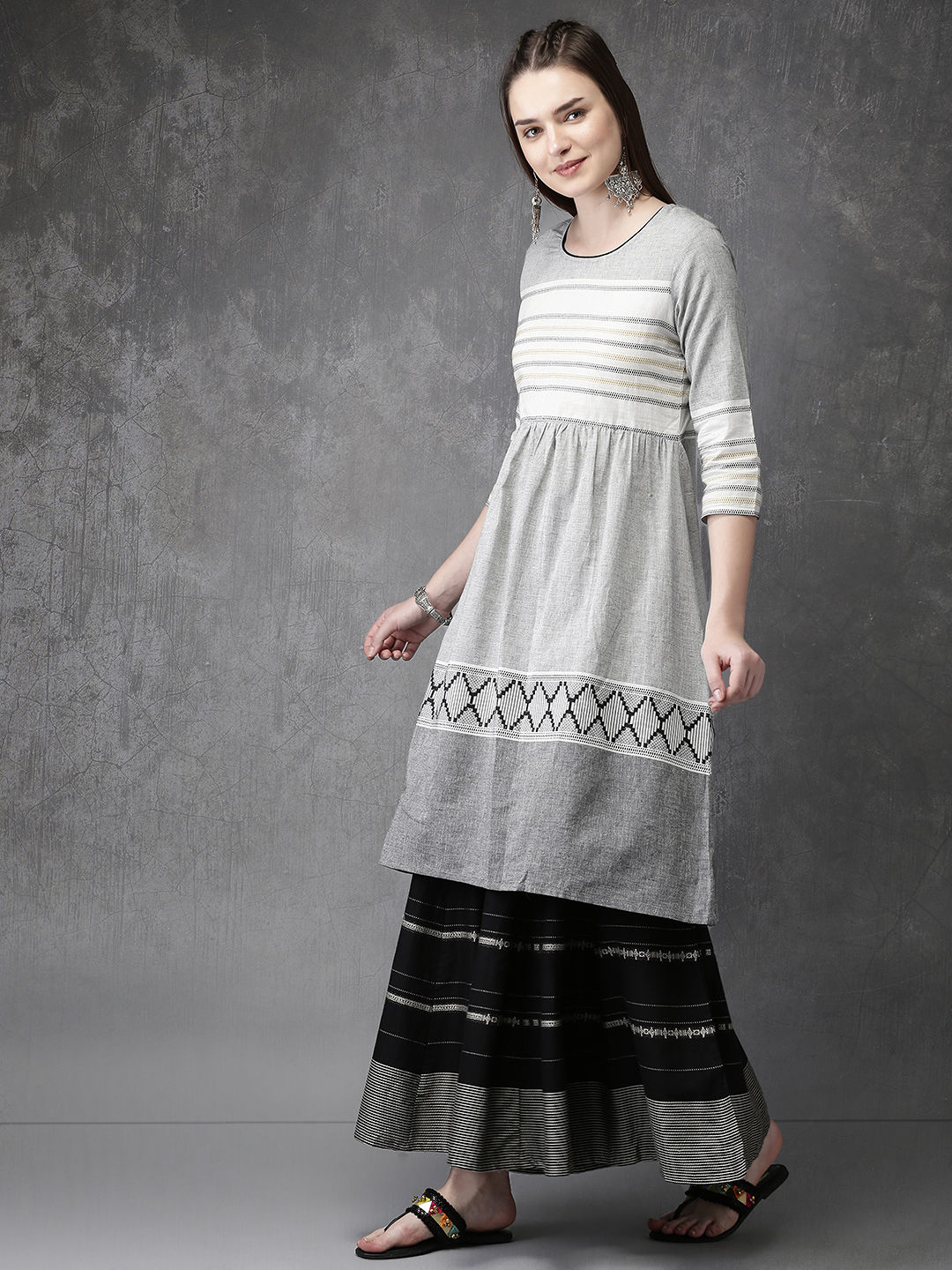 Women Grey Woven Design A-Line Kurta : L