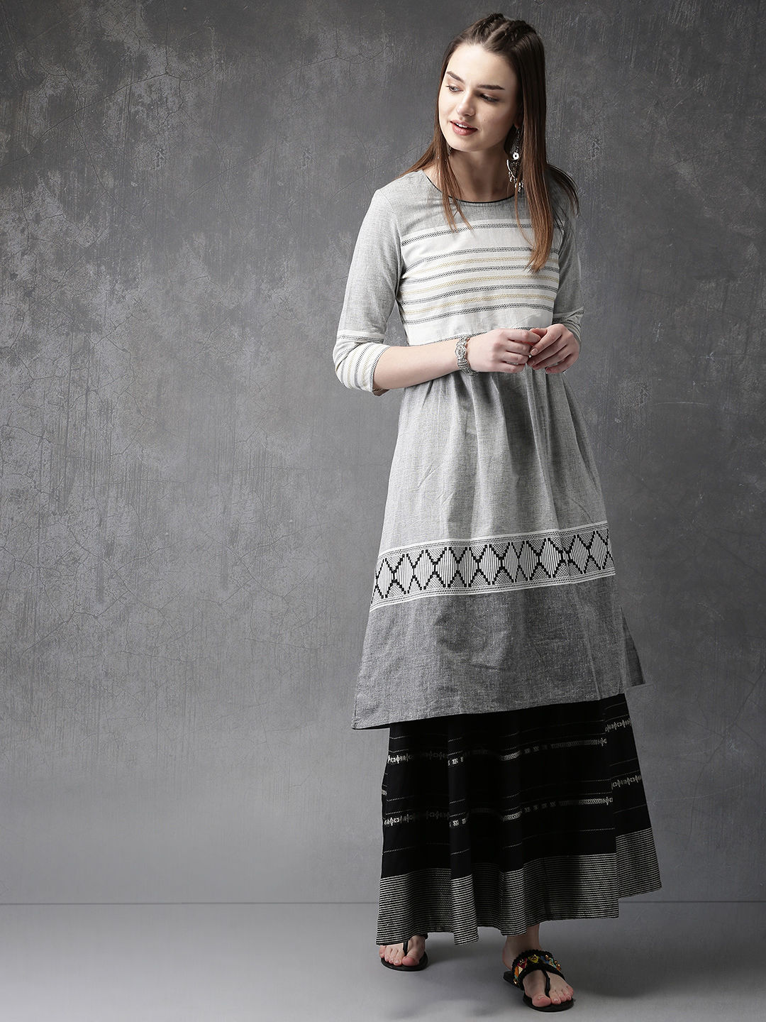 Women Grey Woven Design A-Line Kurta : L