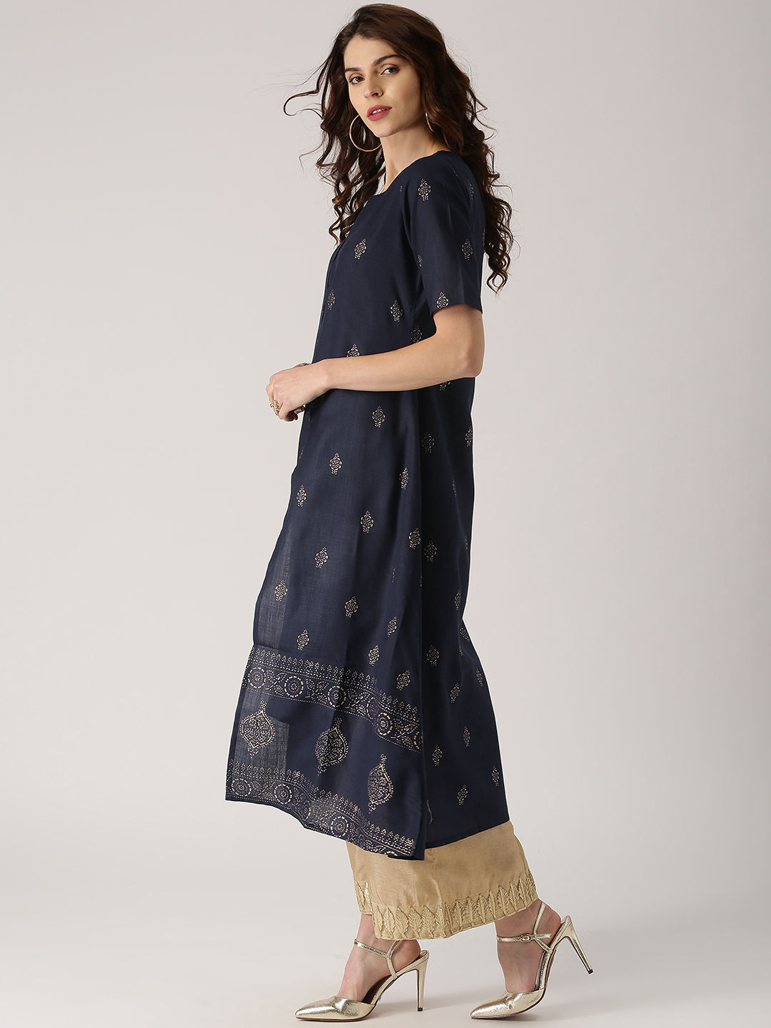 Navy Blue Kurta with Printed Layer : L